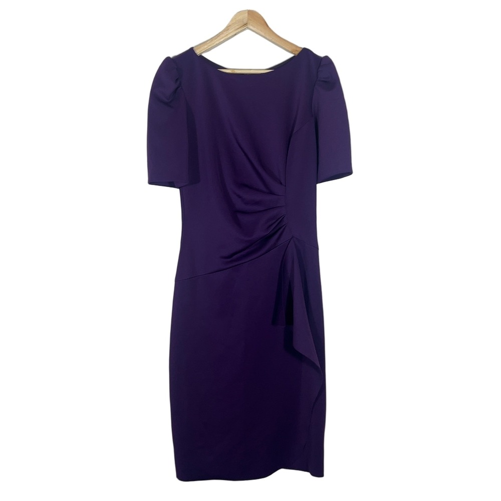 Xscape Ruched Ruffle Sheath Dress Solid Purple Cocktail Puff Sleeve Size 12